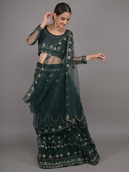 Odette Dark Green Embroidered Net Stitched Lehenga Set For Women
