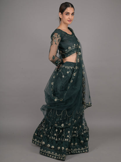 Odette Dark Green Embroidered Net Stitched Lehenga Set For Women
