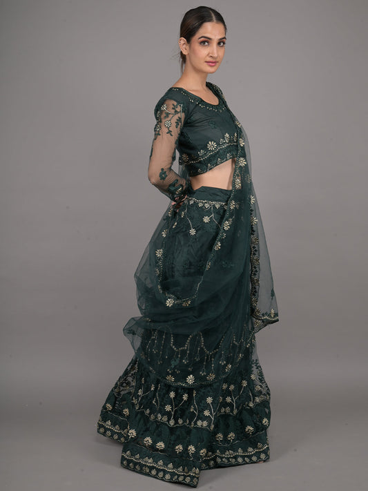 Odette Dark Green Embroidered Net Stitched Lehenga Set For Women