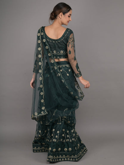 Odette Dark Green Embroidered Net Stitched Lehenga Set For Women
