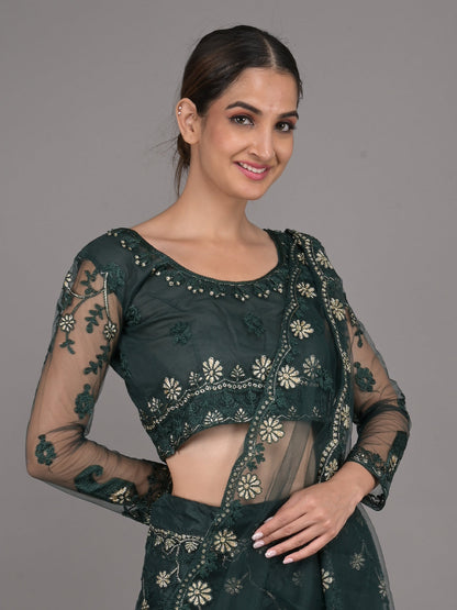 Odette Dark Green Embroidered Net Stitched Lehenga Set For Women