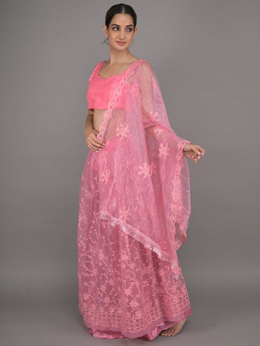 Odette Pink Net Semi Stitched Lehenga With Unstitched Blouse For Women