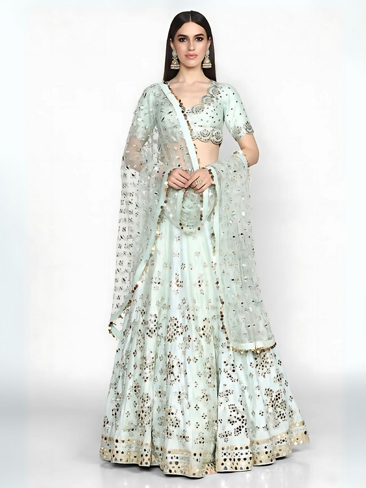 Odette Light Sky Blue Art Silk Embroidered Semi-Stitched Lehenga For Women