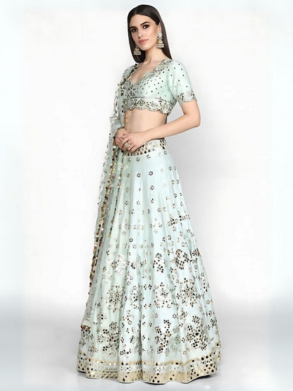 Odette Light Sky Blue Art Silk Embroidered Semi-Stitched Lehenga For Women