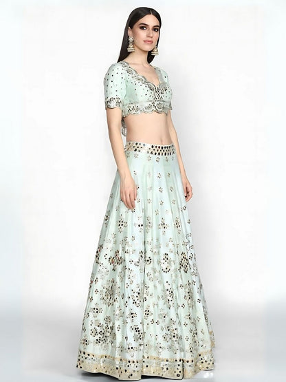 Odette Light Sky Blue Art Silk Embroidered Semi-Stitched Lehenga For Women