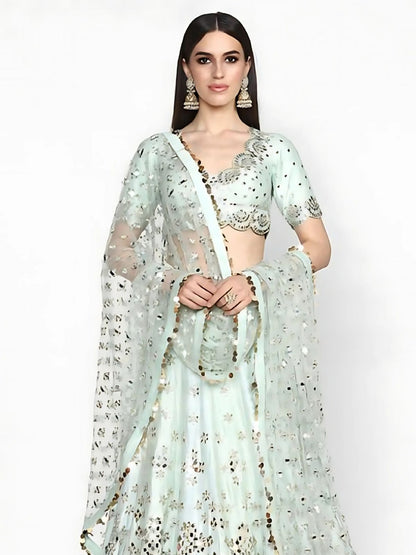 Odette Light Sky Blue Art Silk Embroidered Semi-Stitched Lehenga For Women