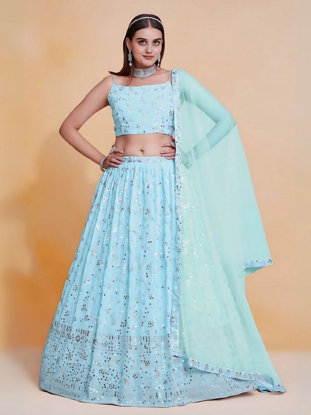 Odette Sky Blue Georgette Embroidered Semi-Stitched Lehenga For Women