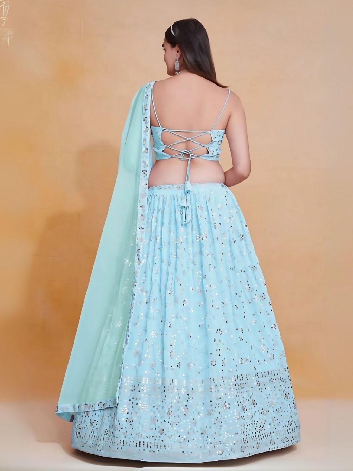 Odette Sky Blue Georgette Embroidered Semi-Stitched Lehenga For Women