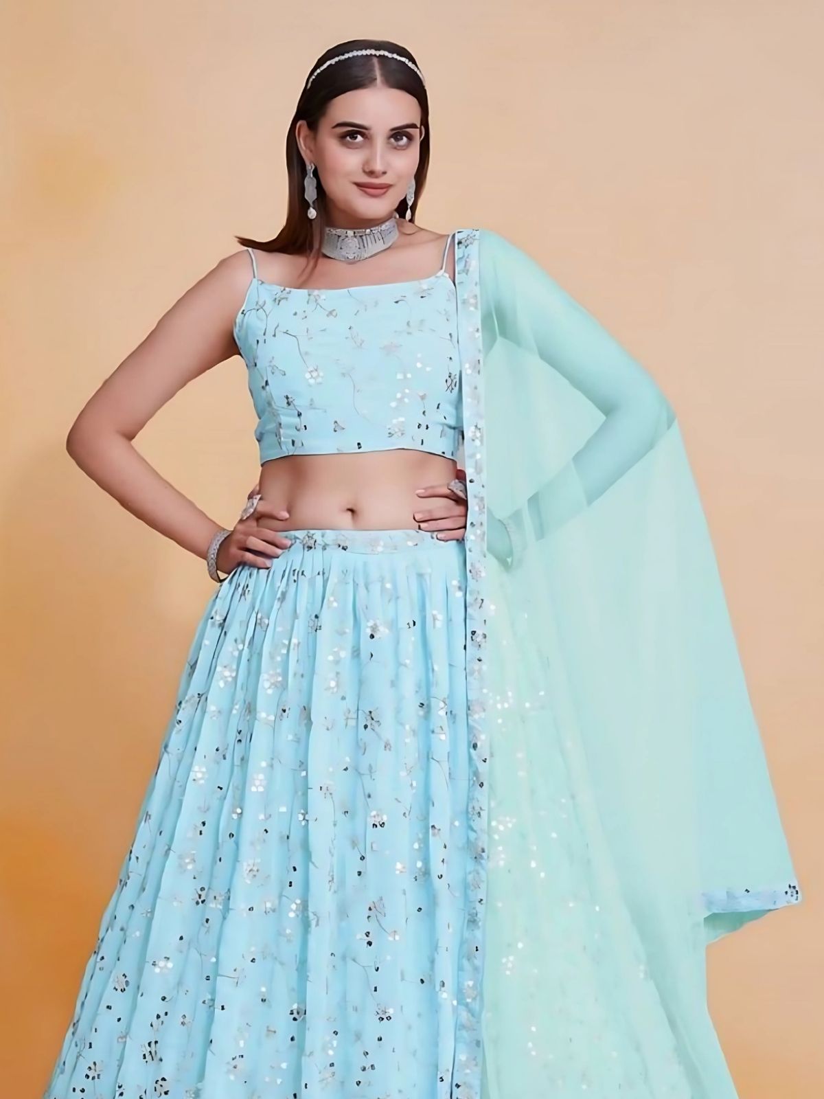 Odette Sky Blue Georgette Embroidered Semi-Stitched Lehenga For Women