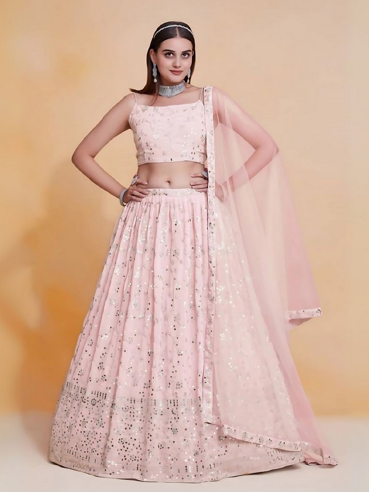 Odette Light Pink Georgette Embroidered Semi-Stitched Lehenga For Women