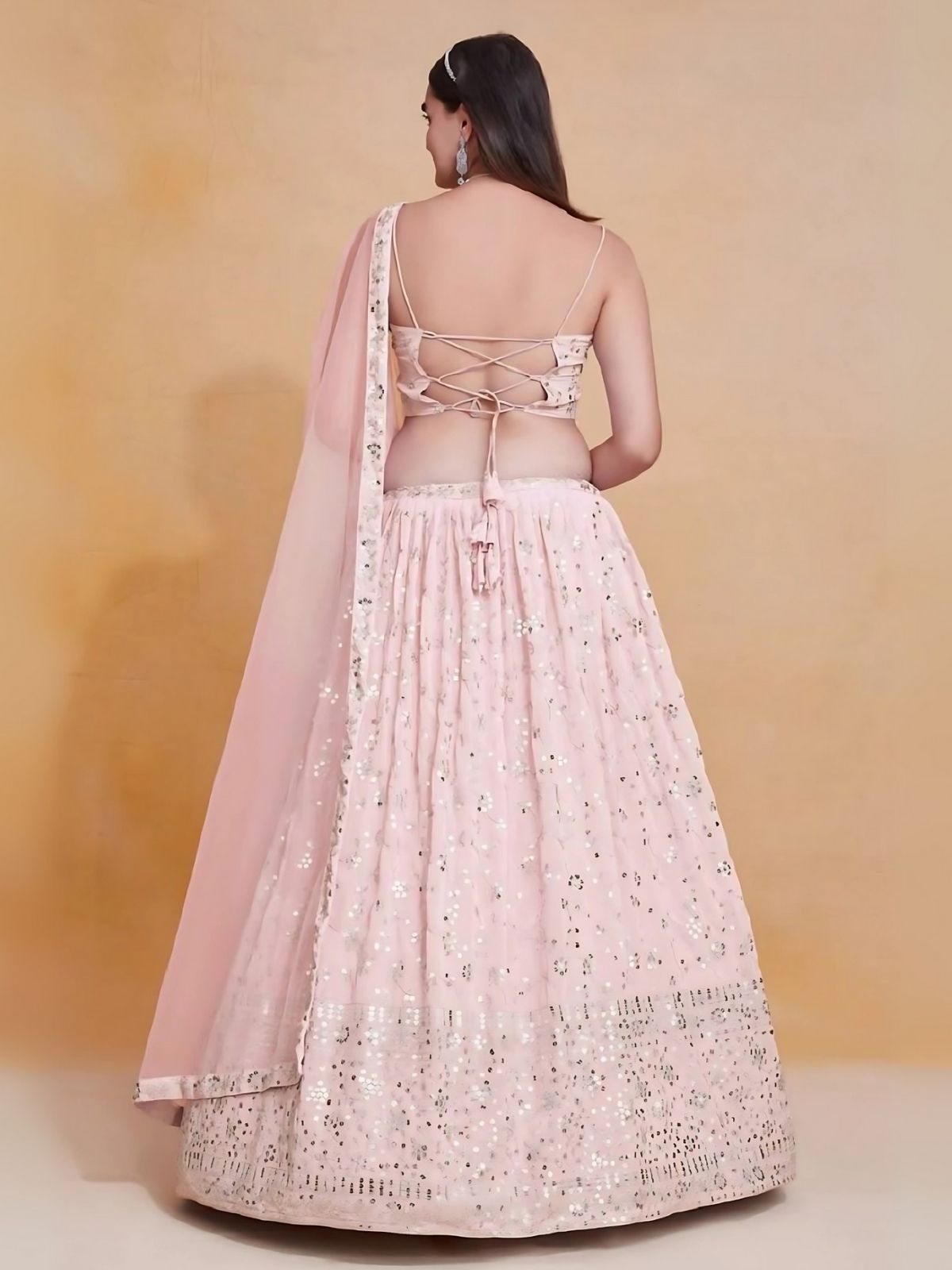 Odette Light Pink Georgette Embroidered Semi-Stitched Lehenga For Women