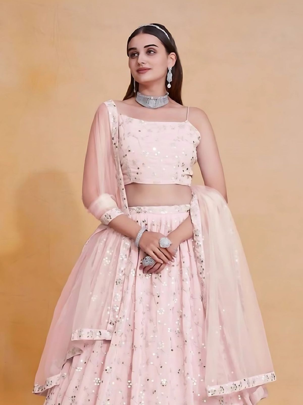 Odette Light Pink Georgette Embroidered Semi-Stitched Lehenga For Women