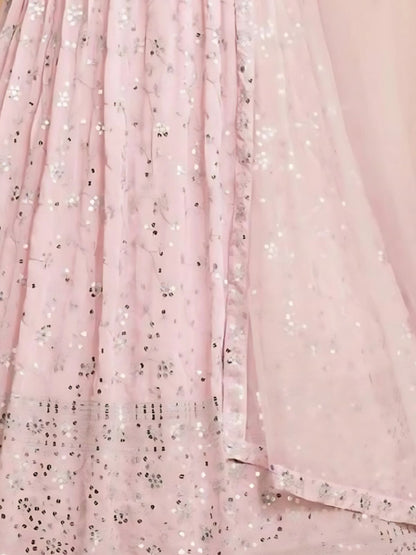Odette Light Pink Georgette Embroidered Semi-Stitched Lehenga For Women