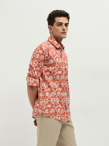 Orange Printed Casual Shirt
