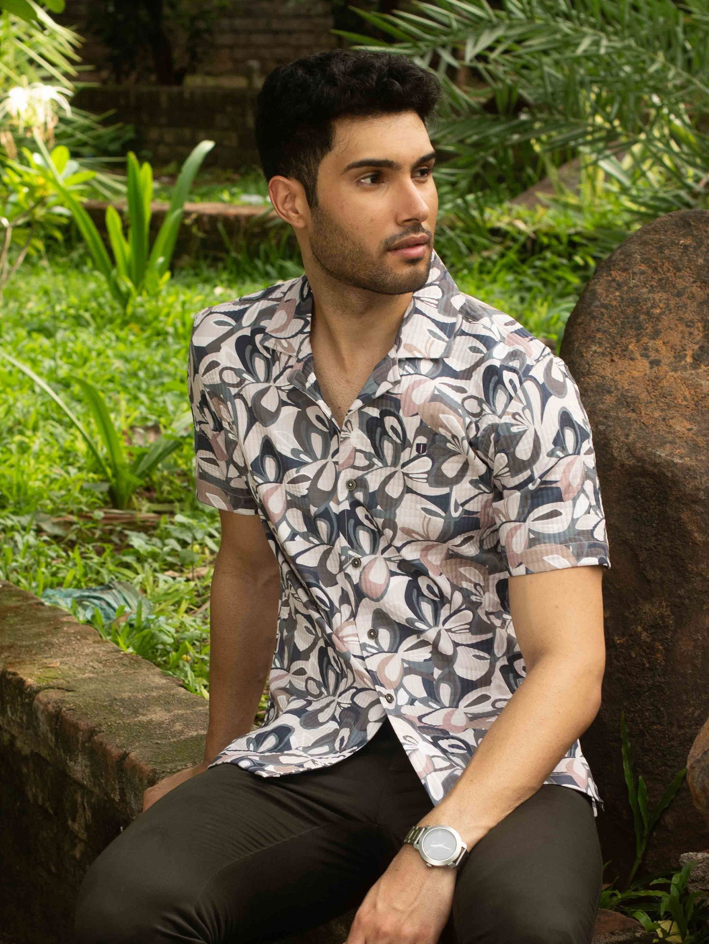 Cuban Collar Floral Printed Casual Shirt
