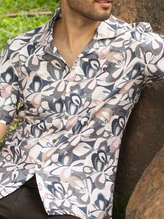 Cuban Collar Floral Printed Casual Shirt