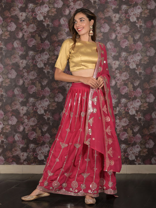 Odette Magenta Sequins Embroidered Semi-Stitched Georgette Lehenga with Unstitched Blouse for Women