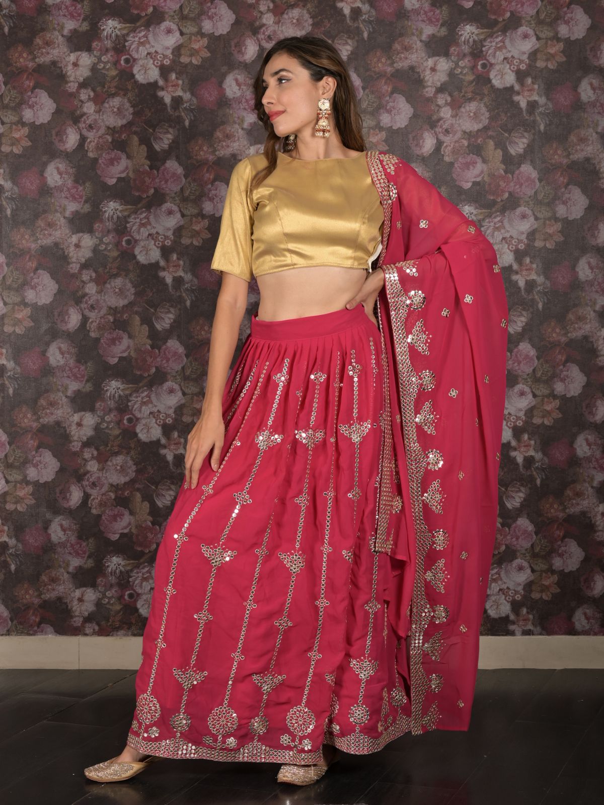 Odette Magenta Sequins Embroidered Semi-Stitched Georgette Lehenga with Unstitched Blouse for Women