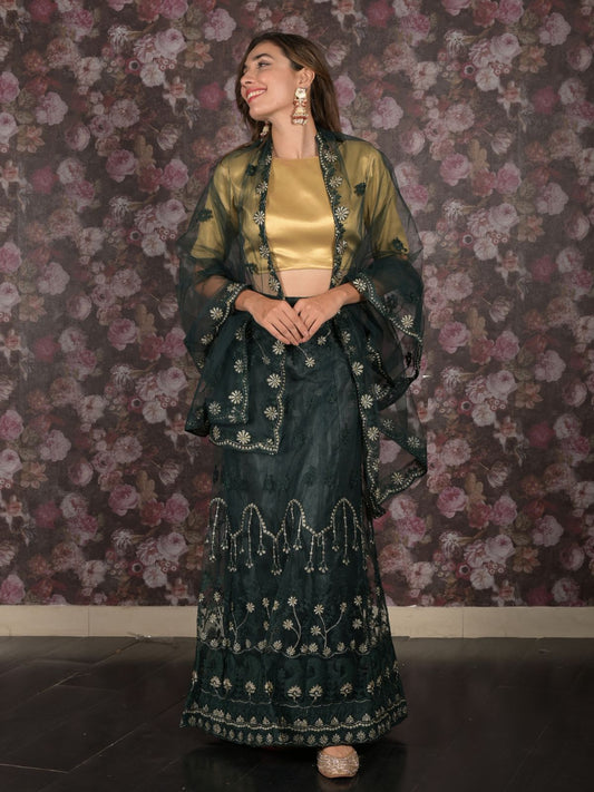 Odette Dark Green Embroidered Semi-Stitched Net Lehenga with Unstitched Blouse for Women