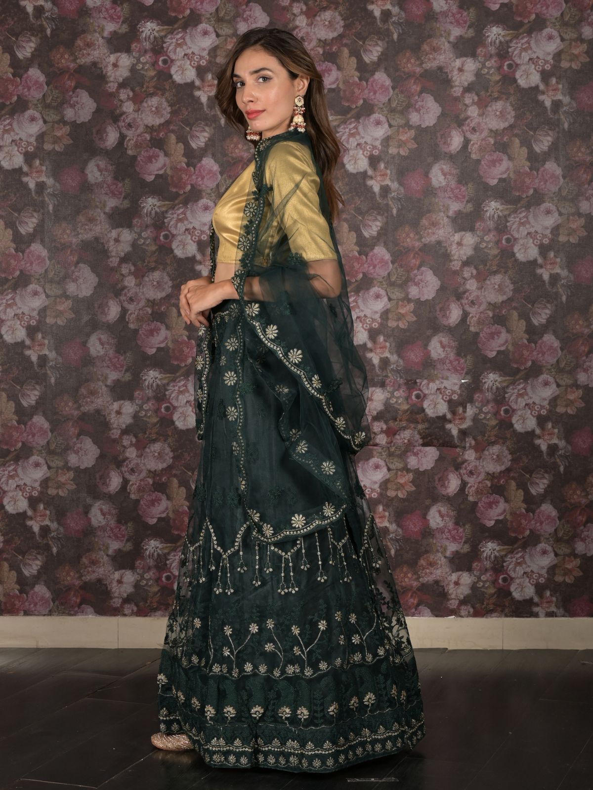 Odette Dark Green Embroidered Semi-Stitched Net Lehenga with Unstitched Blouse for Women