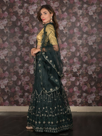 Odette Dark Green Embroidered Semi-Stitched Net Lehenga with Unstitched Blouse for Women