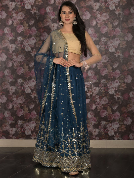 Odette Teal Sequins Embroidered Lehenga Set With Dupatta And Unstitched Blouse For Women