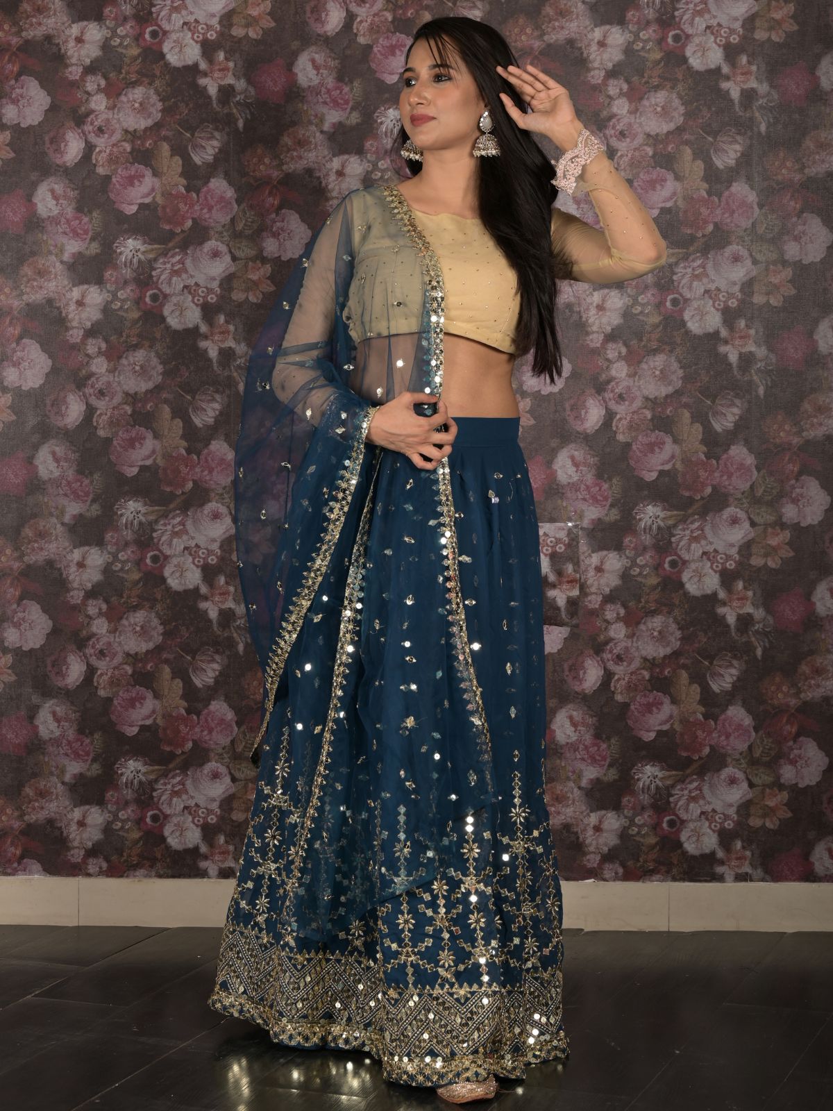 Odette Teal Sequins Embroidered Lehenga Set With Dupatta And Unstitched Blouse For Women