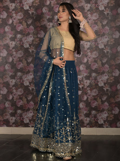 Odette Teal Sequins Embroidered Lehenga Set With Dupatta And Unstitched Blouse For Women
