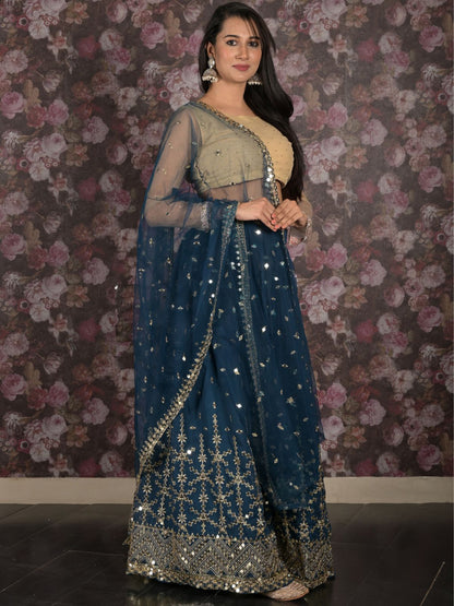 Odette Teal Sequins Embroidered Lehenga Set With Dupatta And Unstitched Blouse For Women