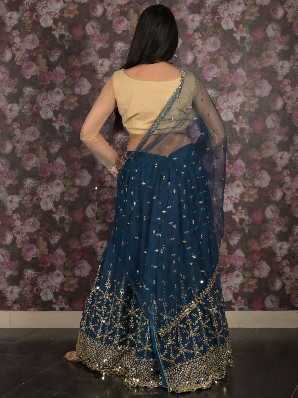 Odette Teal Sequins Embroidered Lehenga Set With Dupatta And Unstitched Blouse For Women