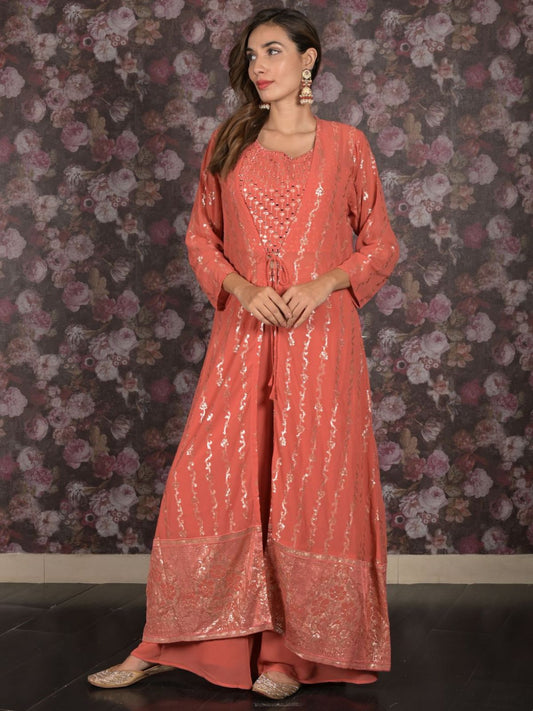Odette Peach Sequins Embroidered Stitched Lehenga with Stitched Blouse And Shrug For Women