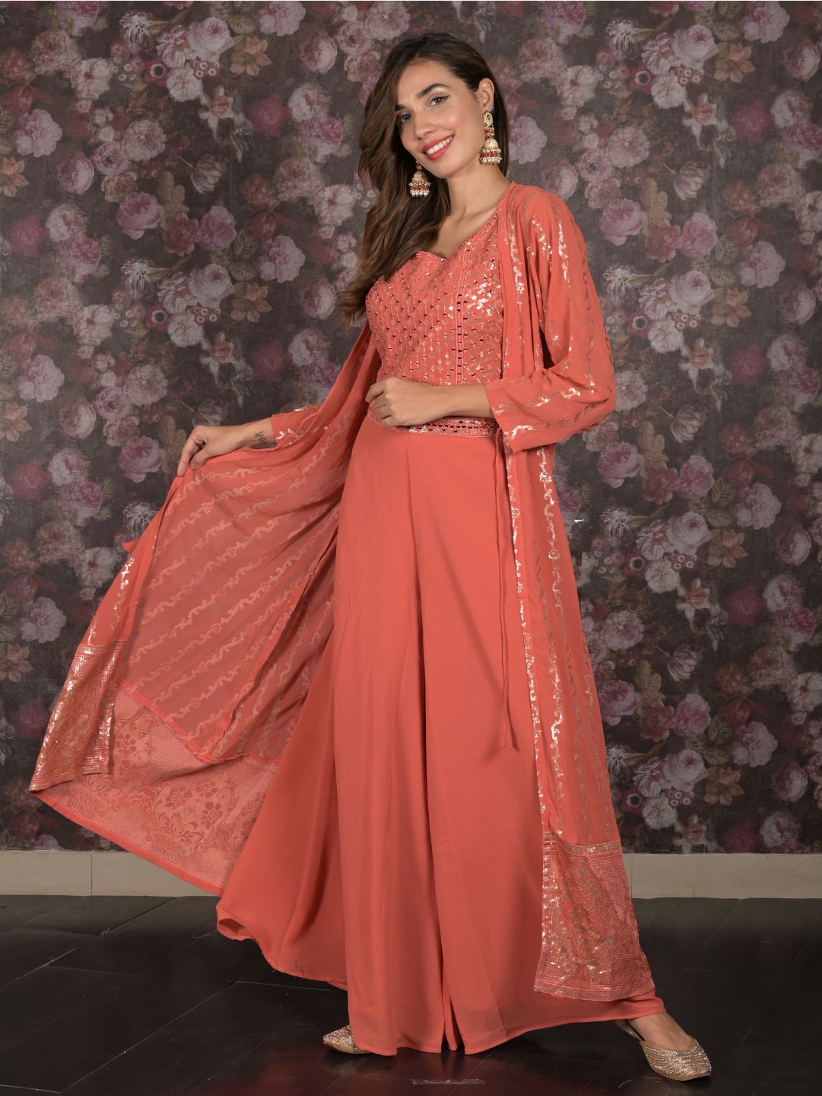 Odette Peach Sequins Embroidered Stitched Lehenga with Stitched Blouse And Shrug For Women