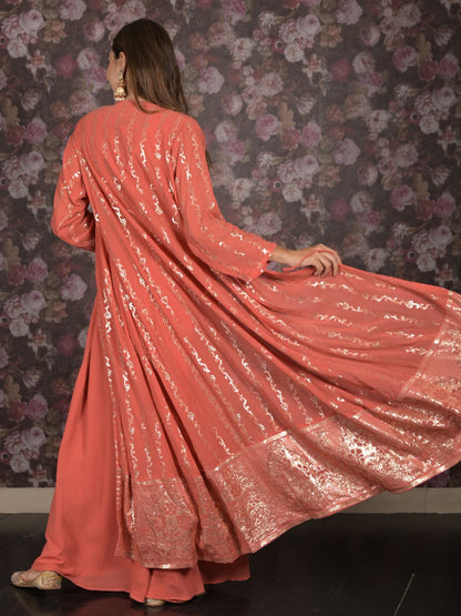 Odette Peach Sequins Embroidered Stitched Lehenga with Stitched Blouse And Shrug For Women