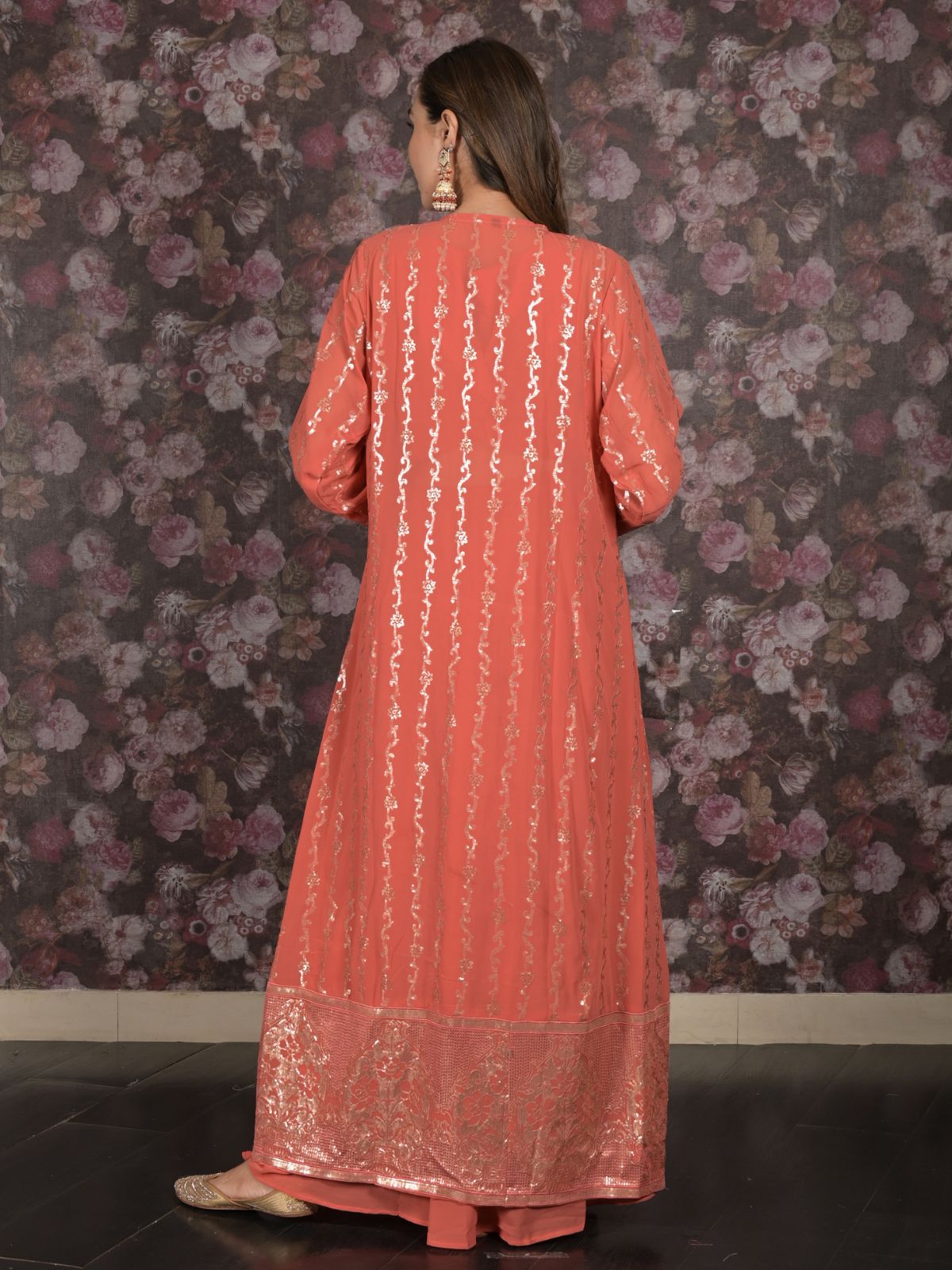 Odette Peach Sequins Embroidered Stitched Lehenga with Stitched Blouse And Shrug For Women