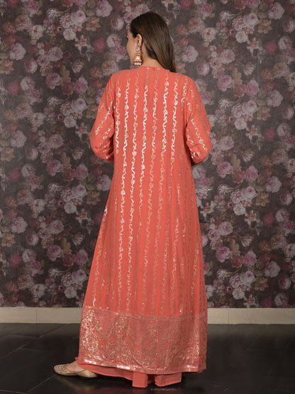 Odette Peach Sequins Embroidered Stitched Lehenga with Stitched Blouse And Shrug For Women
