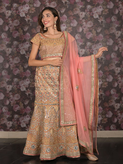 Odette Peach Embroidered Stitched Silk Blend Lehenga With Stitched Blouse For Women