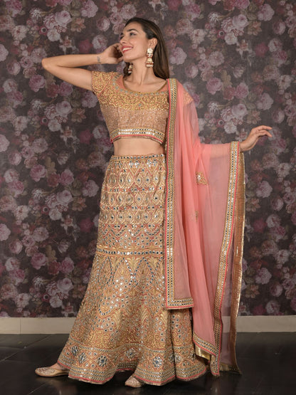 Odette Peach Embroidered Stitched Silk Blend Lehenga With Stitched Blouse For Women