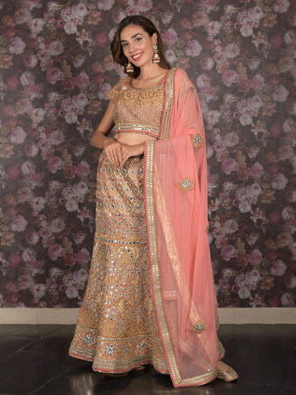 Odette Peach Embroidered Stitched Silk Blend Lehenga With Stitched Blouse For Women
