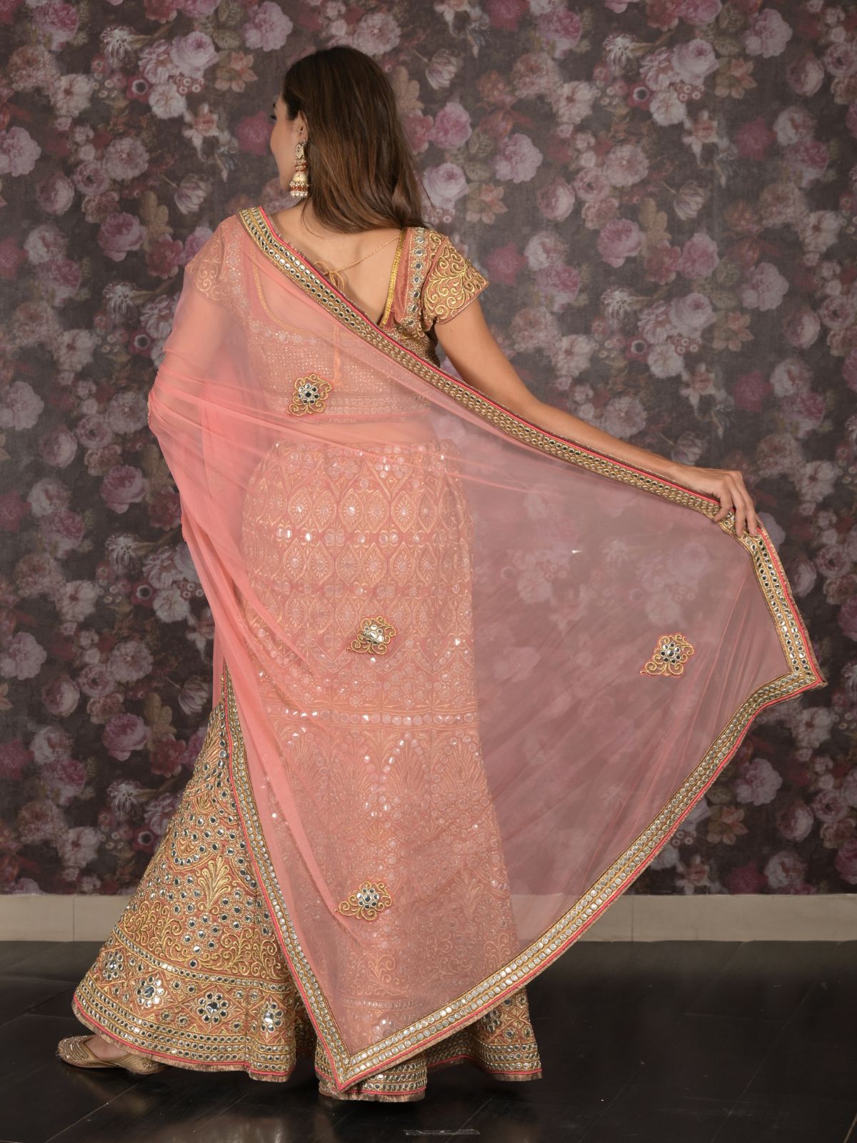 Odette Peach Embroidered Stitched Silk Blend Lehenga With Stitched Blouse For Women