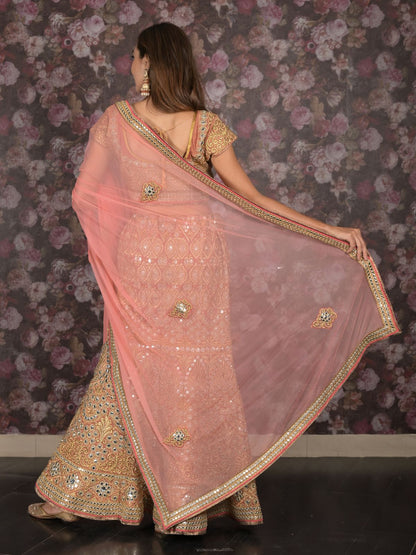 Odette Peach Embroidered Stitched Silk Blend Lehenga With Stitched Blouse For Women