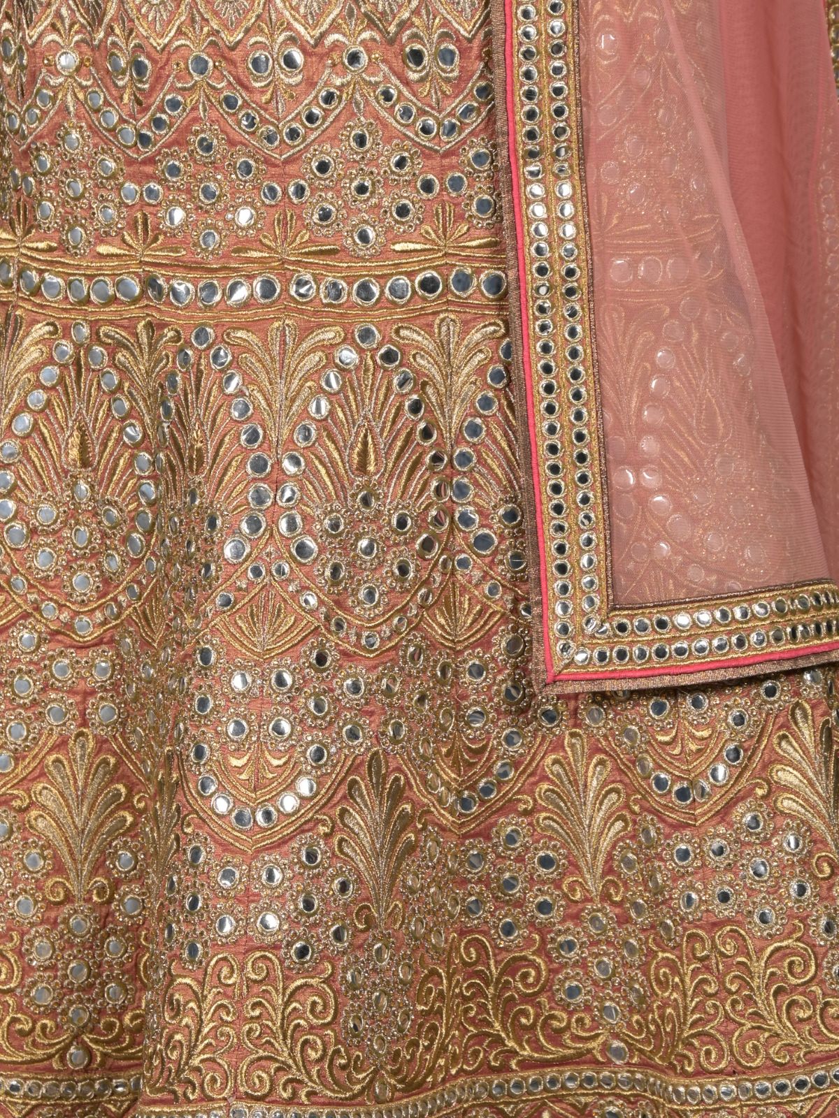 Odette Peach Embroidered Stitched Silk Blend Lehenga With Stitched Blouse For Women