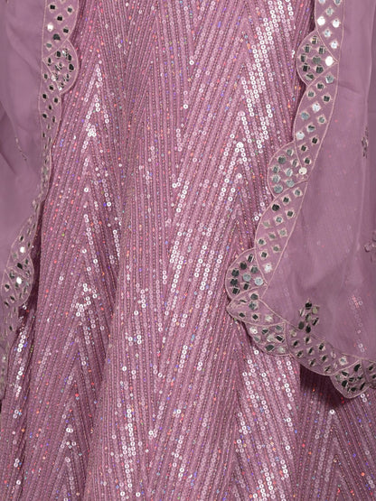 Odette Lilac Sequins and Faux Mirror Embroidered Semi-Stitched Georgette Lehenga with Unstitched Blouse for Women