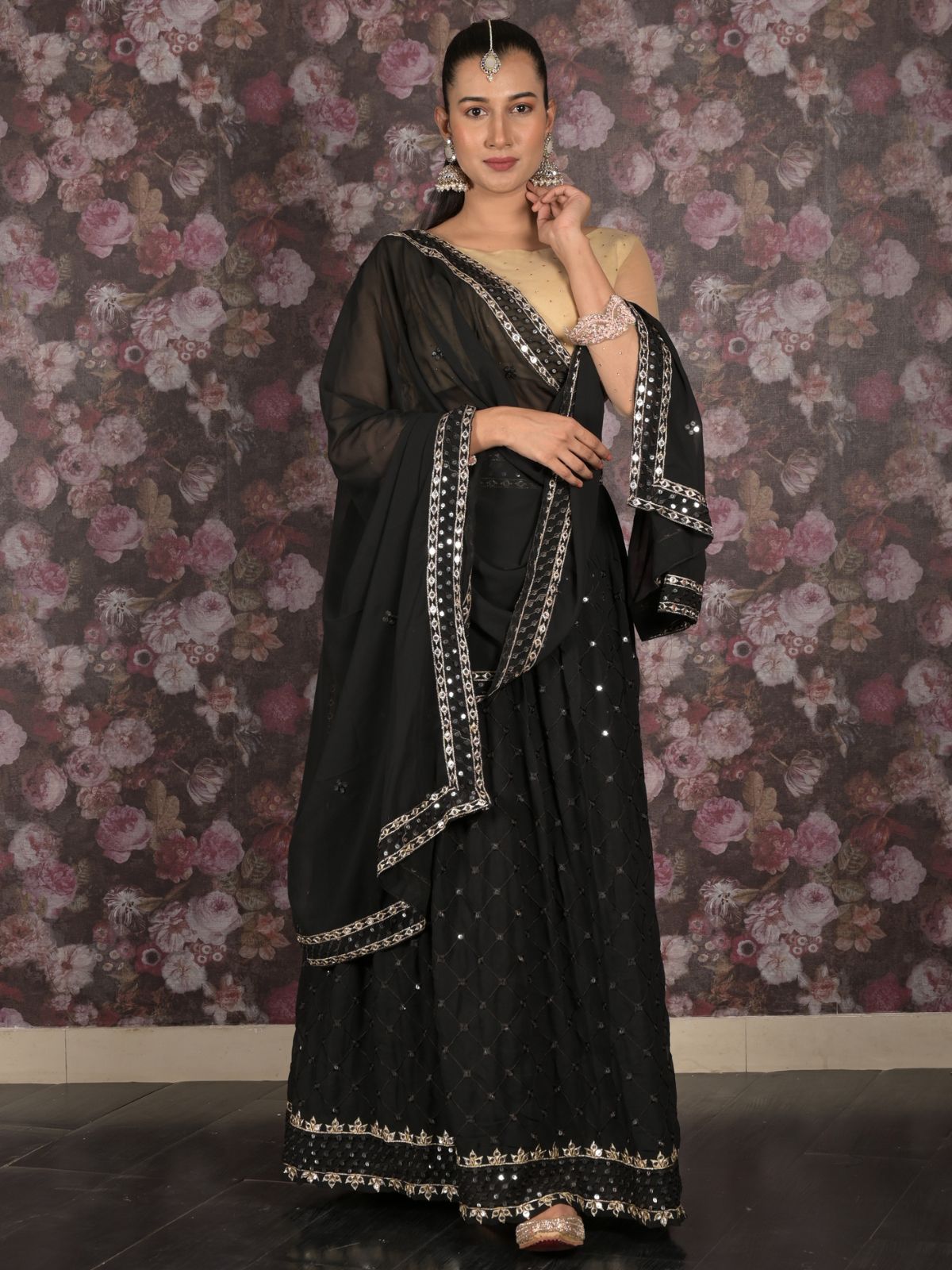 Odette Black Semi Stitched Sequins Embroidered Lehenga with Unstitched Blouse And Dupatta For Women