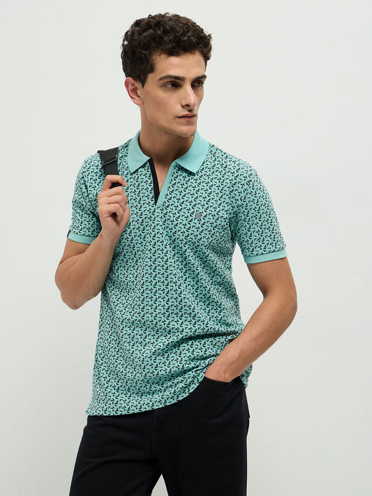 Aqua Green Printed Polo Casual T Shirt