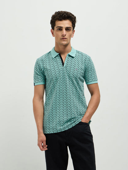 Aqua Green Printed Polo Casual T Shirt