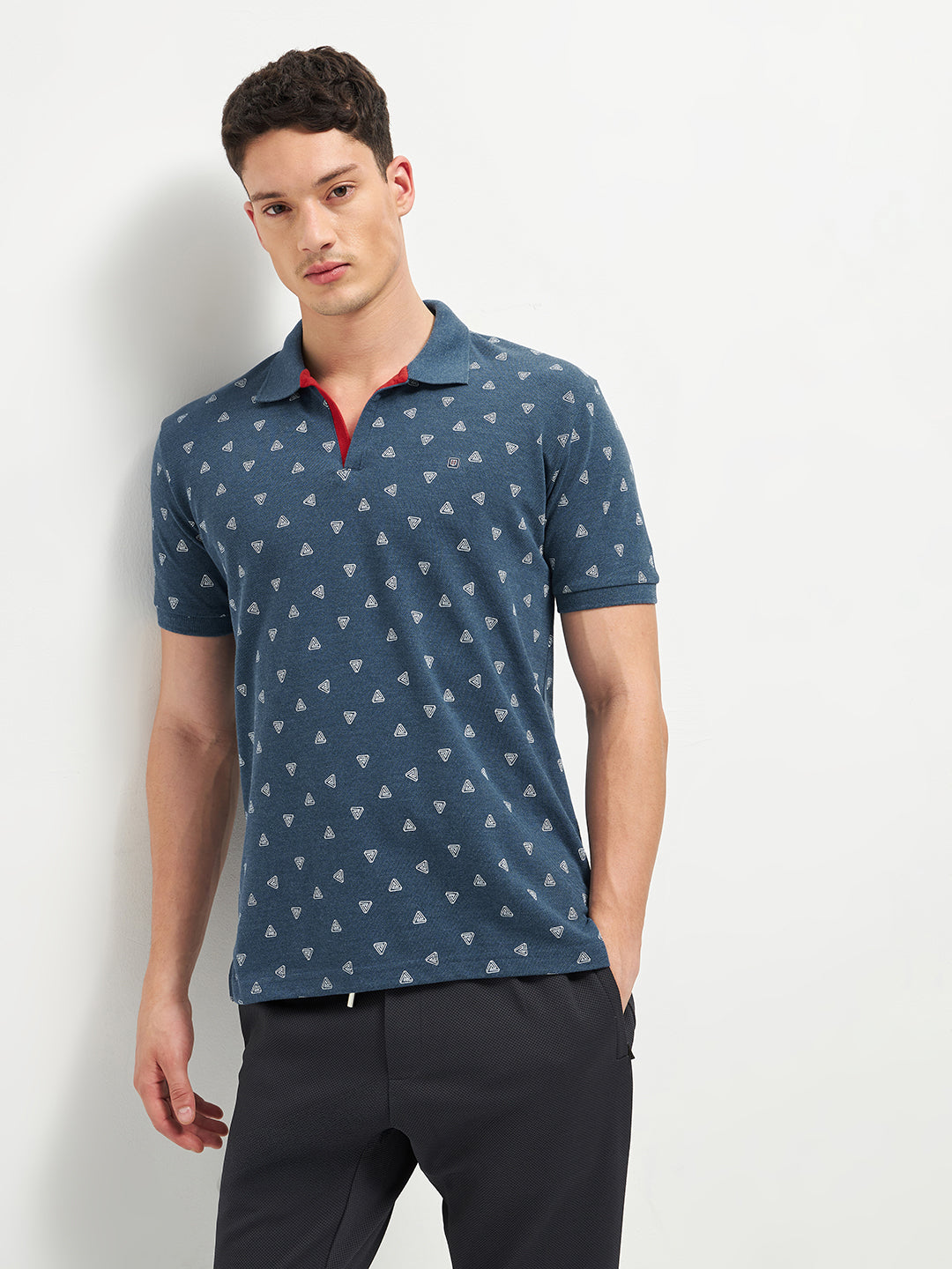 Navy Melange Printed Polo T Shirt