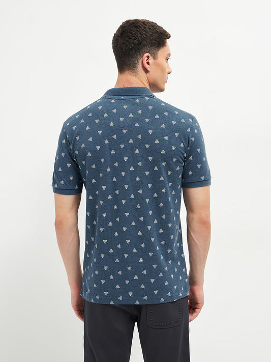 Navy Melange Printed Polo T Shirt