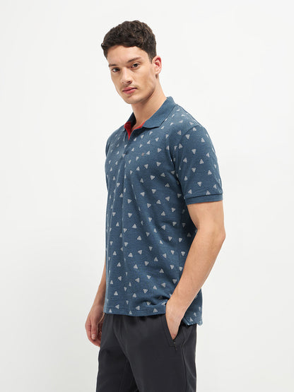 Navy Melange Printed Polo T Shirt