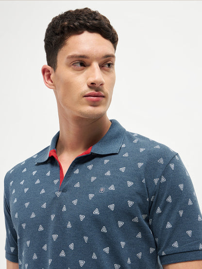 Navy Melange Printed Polo T Shirt