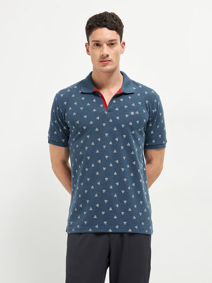 Navy Melange Printed Polo T Shirt